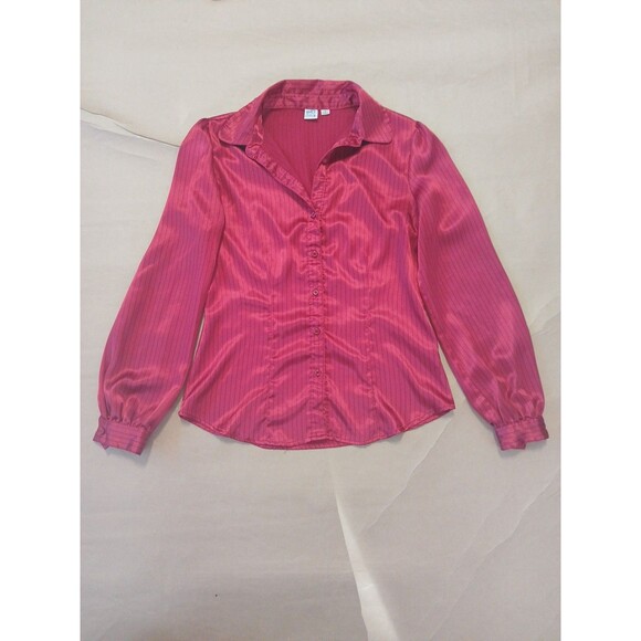 Vintage 1990s SO Button Up Blouse Size M Red Black Striped Satin Officewear - Picture 1 of 7
